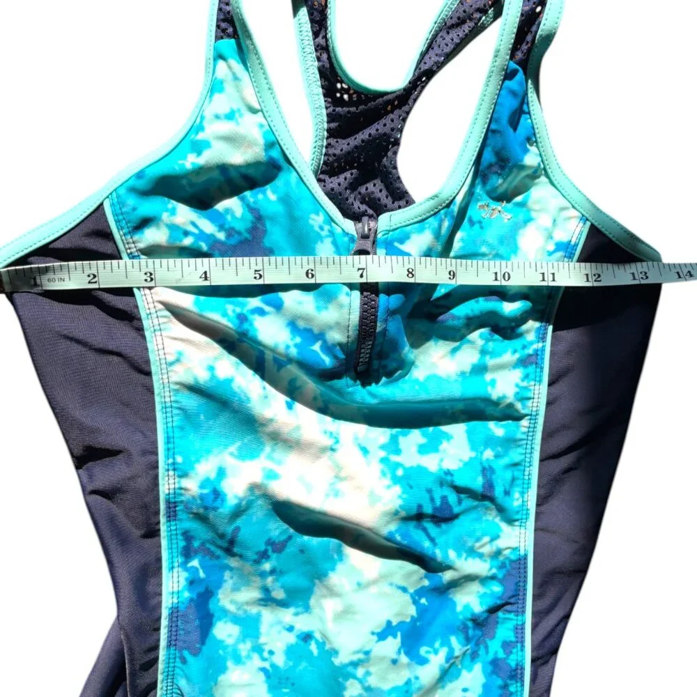 Zero Xposur girl's 14 one piece swimsuit green blue tie dye zip front racerback‎